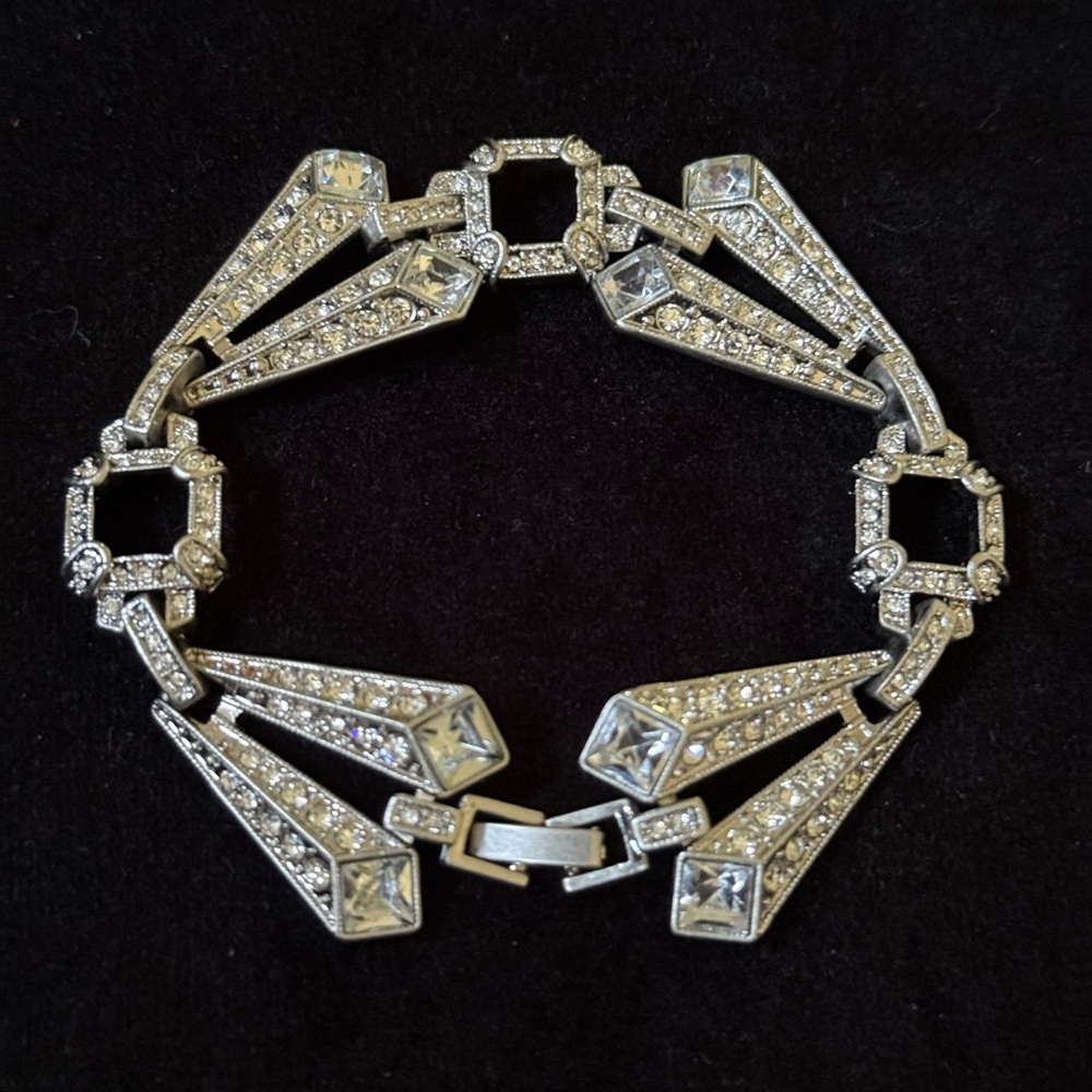 Signed JewelMint Art Deco Silver tone and Rhinestone Bracelet